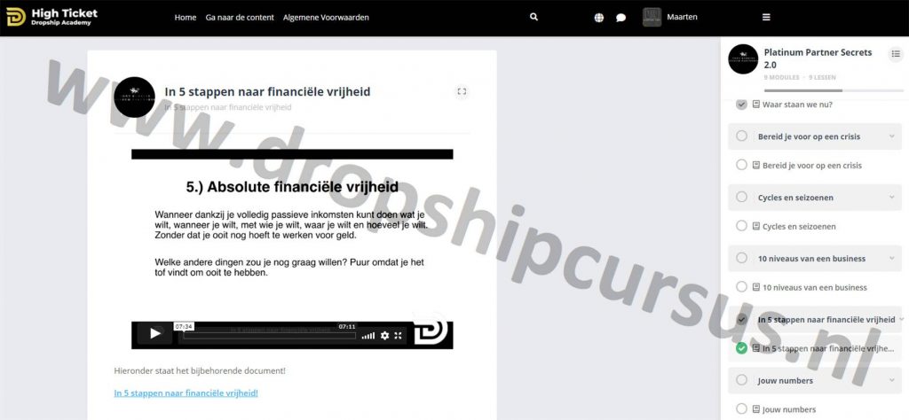 Op deze foto zie je de Bonus #4: Platinum partner secrets van de High Ticket Dropship Academy