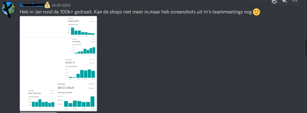 Op deze foto zie je Dropship Academy Resultaten vanuit Discord
