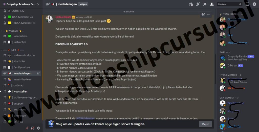 Op deze foto zie je de discord community van de Dropship Academy