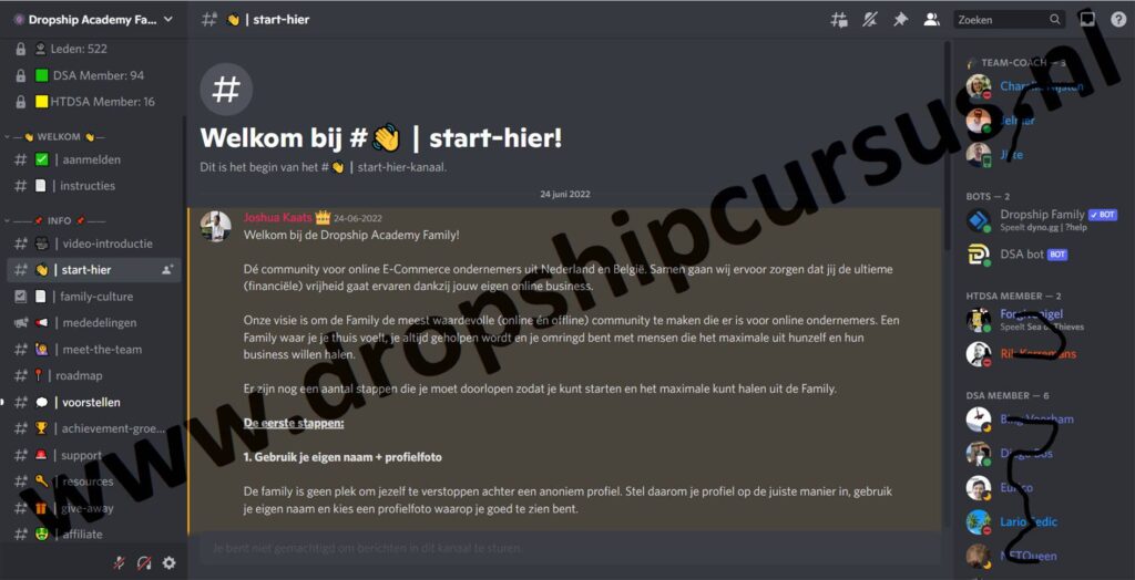 Op deze foto zie je de discord community van de Dropship Academy