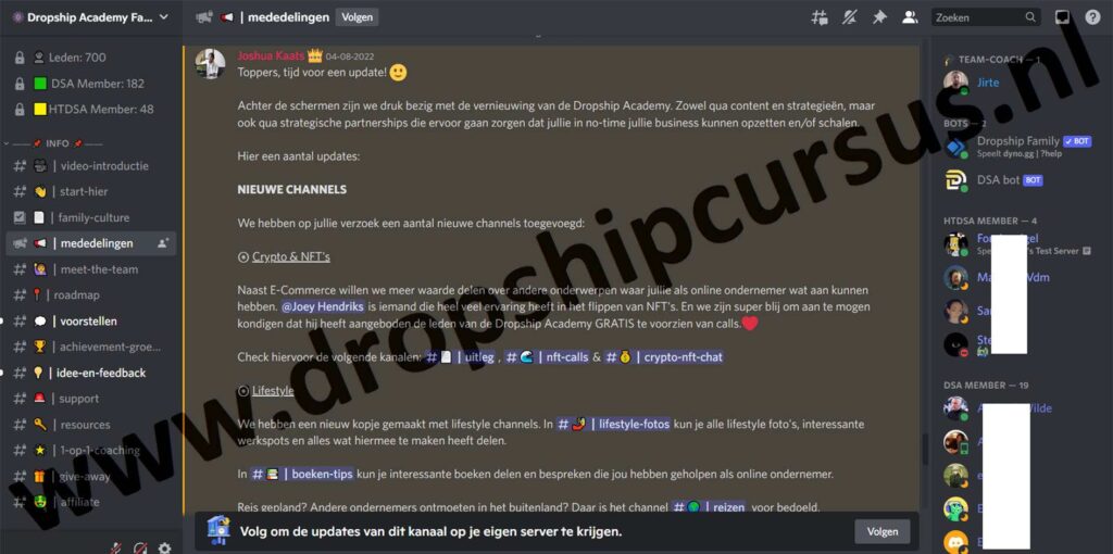 Op deze foto zie je de High Ticket Dropshipping Community (discord)