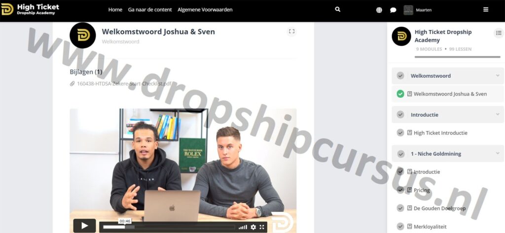 Op deze foto zie je Module 0: Welkom + Introductie van de High Ticket Dropship Academy