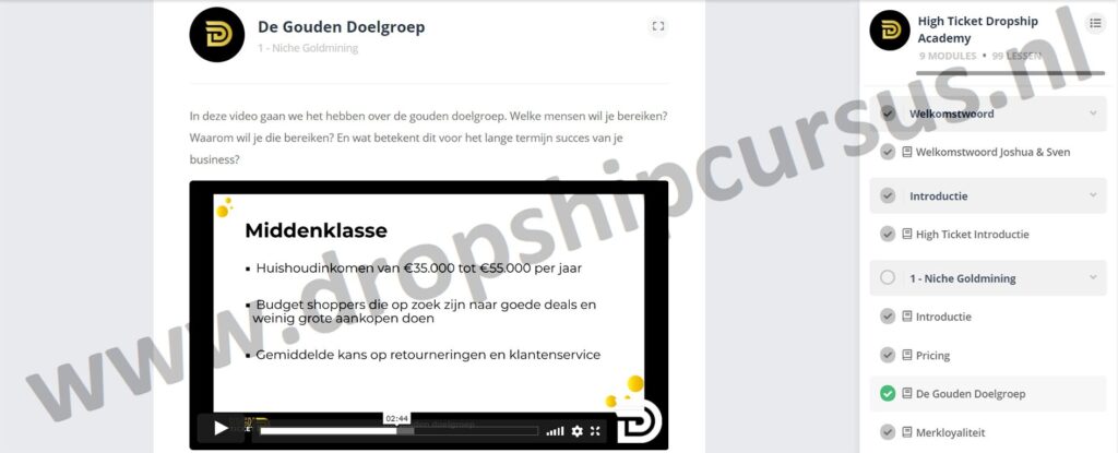 Op deze foto zie je Module 1: Niche Goldmining van de High Ticket Dropship Academy