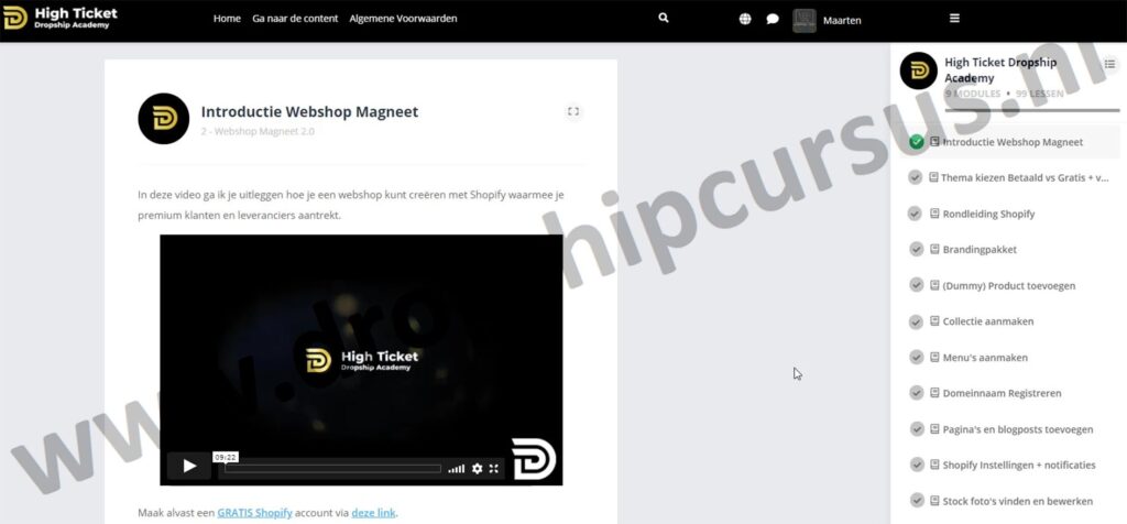 Op deze foto zie je Module 2: Webshop Magneet van de High Ticket Dropship Academy