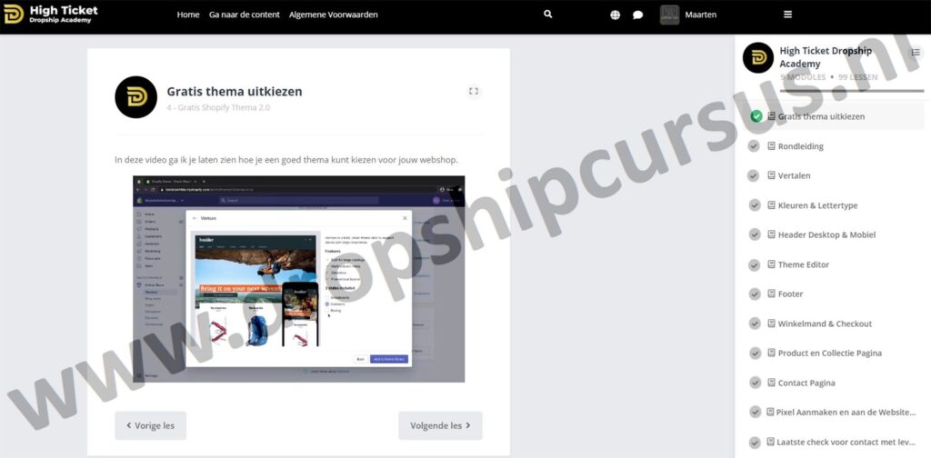 Op deze foto zie je Module 4: Gratis Shopify thema van de High Ticket Dropship Academy