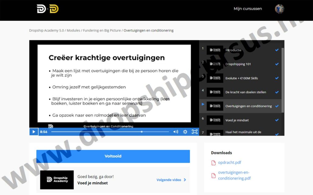 Op deze foto zie je Module 2: Mindset en Big Picture van de dropship academy 5.0