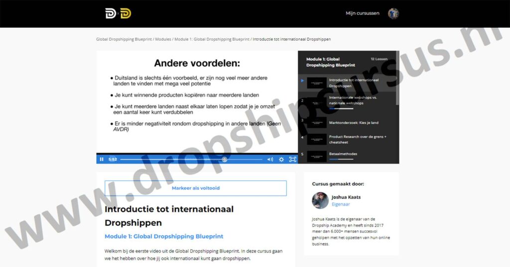 Op deze foto zie je Les 1: introductie tot internationaal dropshippen van de dropship academy 5.0