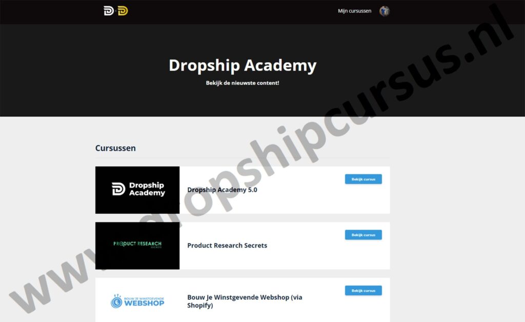 Op deze foto zie je de online omgeving van de Dropship Academy van Joshua Kaats